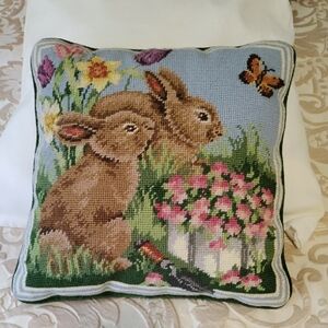 Floral Bunny Needlepoint Pillow